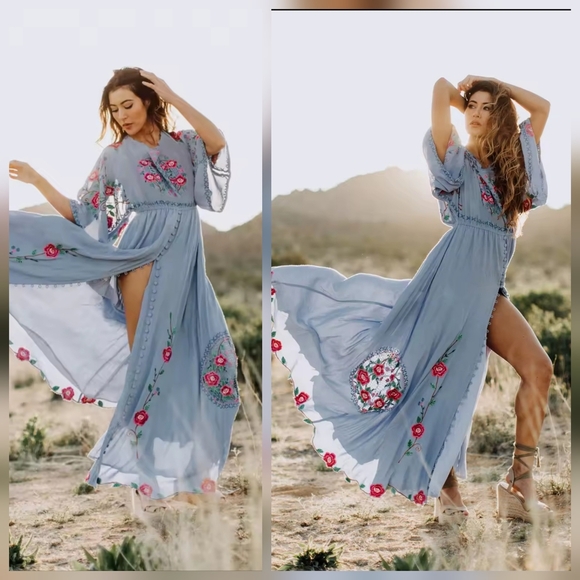 Floral Embroidered Blue Maxi Dress - Picture 1 of 16